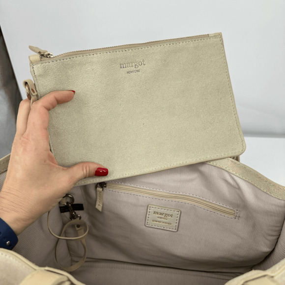 Margot Jamee Double Strapped Suede Tote Bag with Pouch Cream Minimalist - Picture 13 of 14